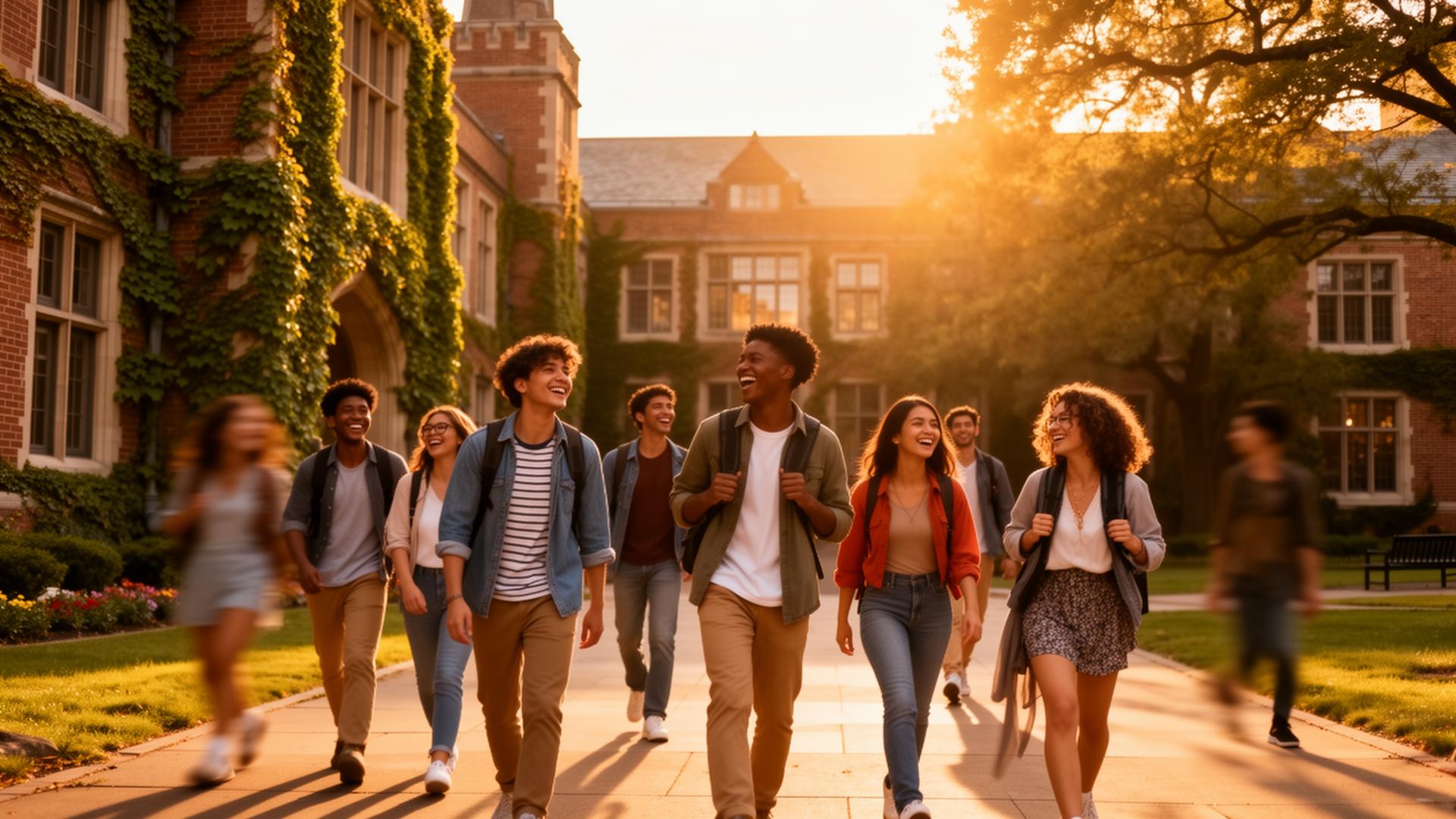 International students walking on an American university campus at golden hour